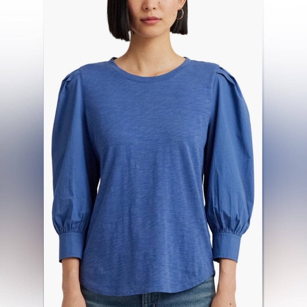 Lauren Ralph Lauren Women's 3/4 Puff Sleeve Blue 100% Cotton Blouse Size Lg. NWT